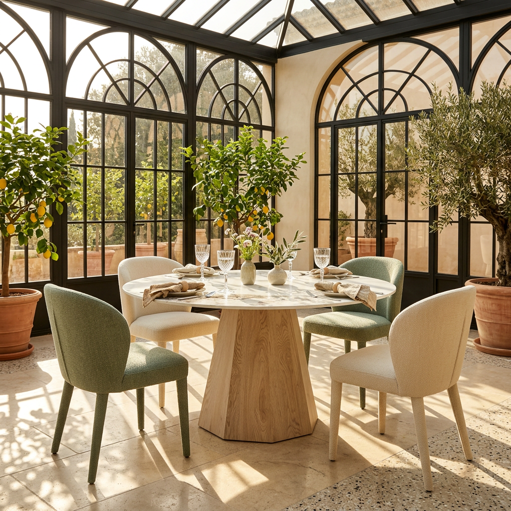 Round sintered stone dining table in a sunlit arched glass conservatory with upholstered chairs, T-132