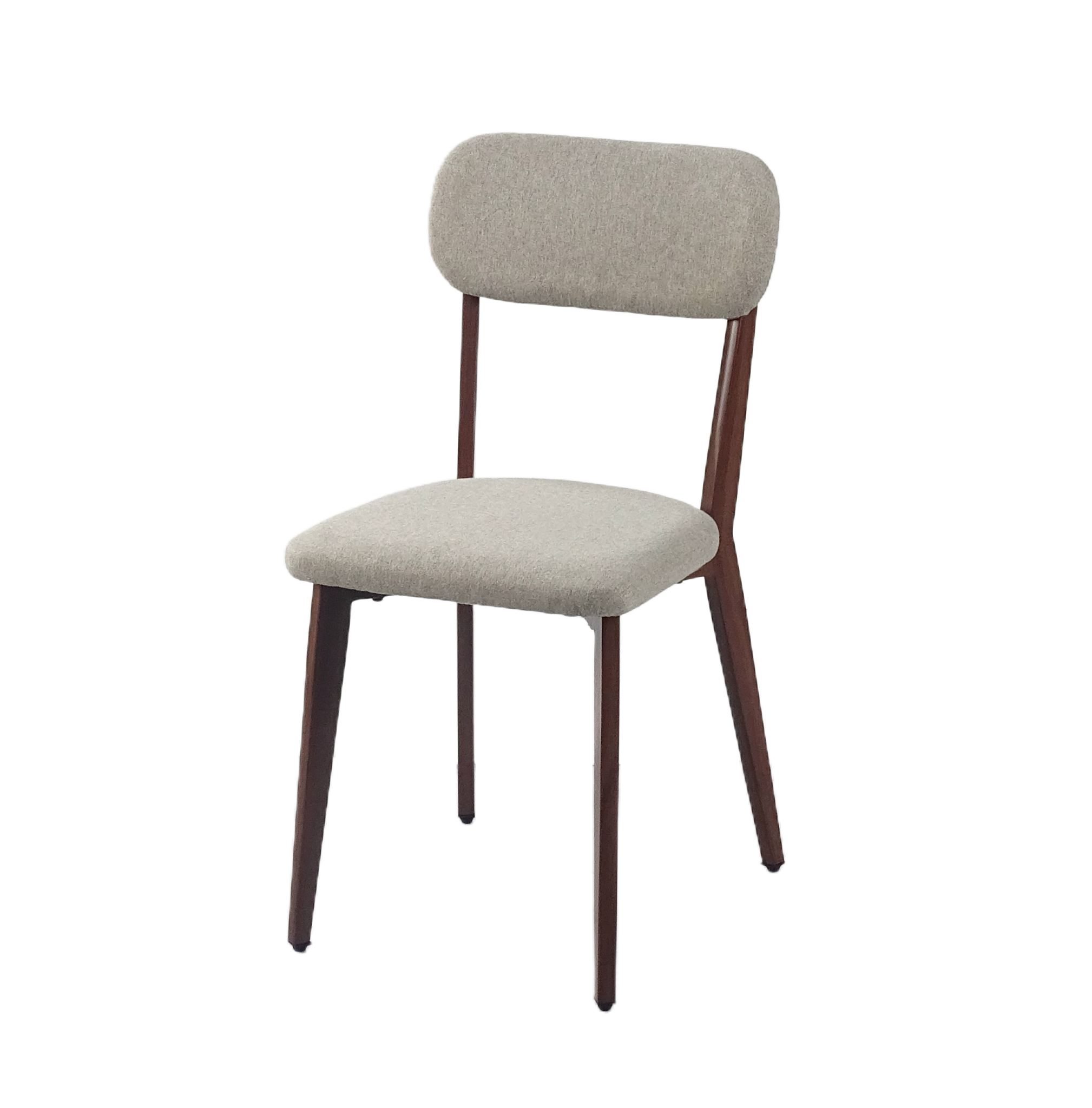 Rounded Cushion Dining Chair in warm greige linen-look fabric with a rounded upholstered backrest and walnut wood-grain steel frame, model DC-3257.