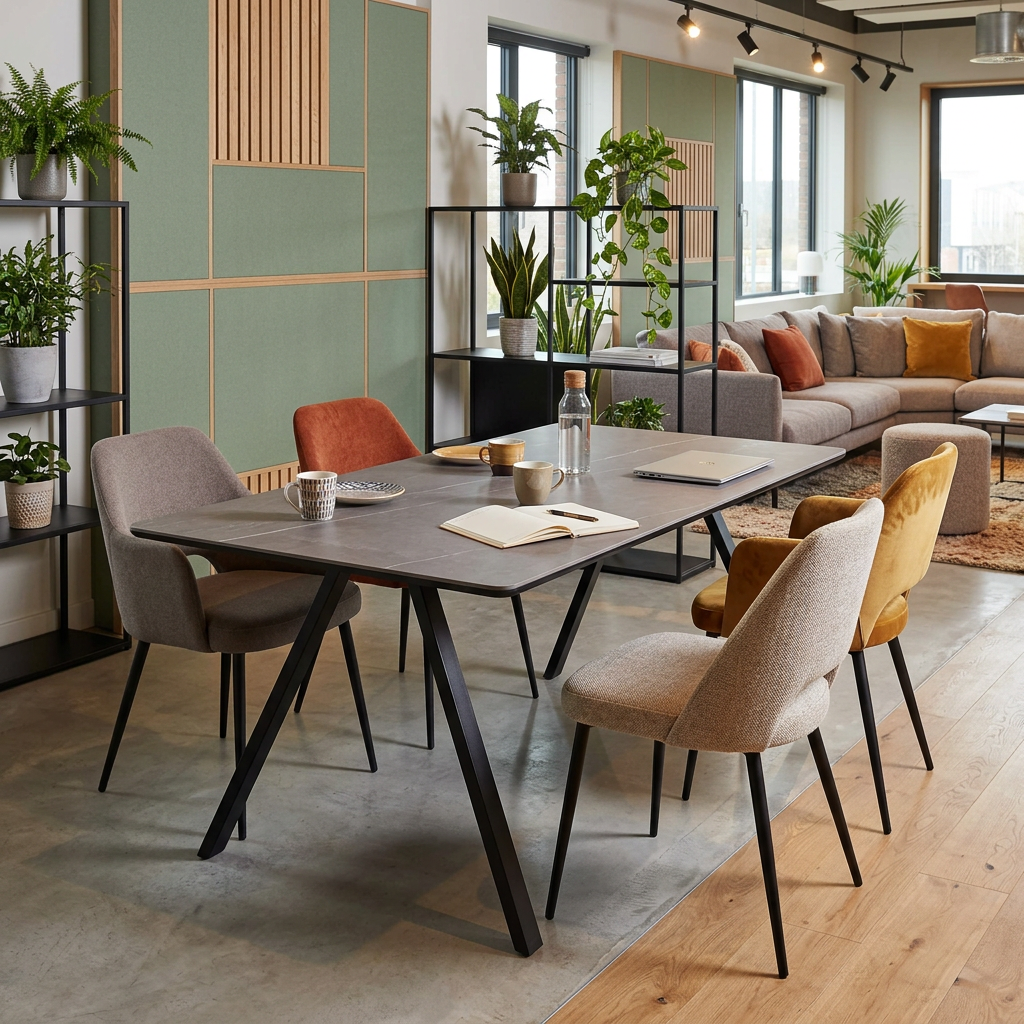 Sintered stone dining table with upholstered chairs in a contemporary corporate work café, T-301