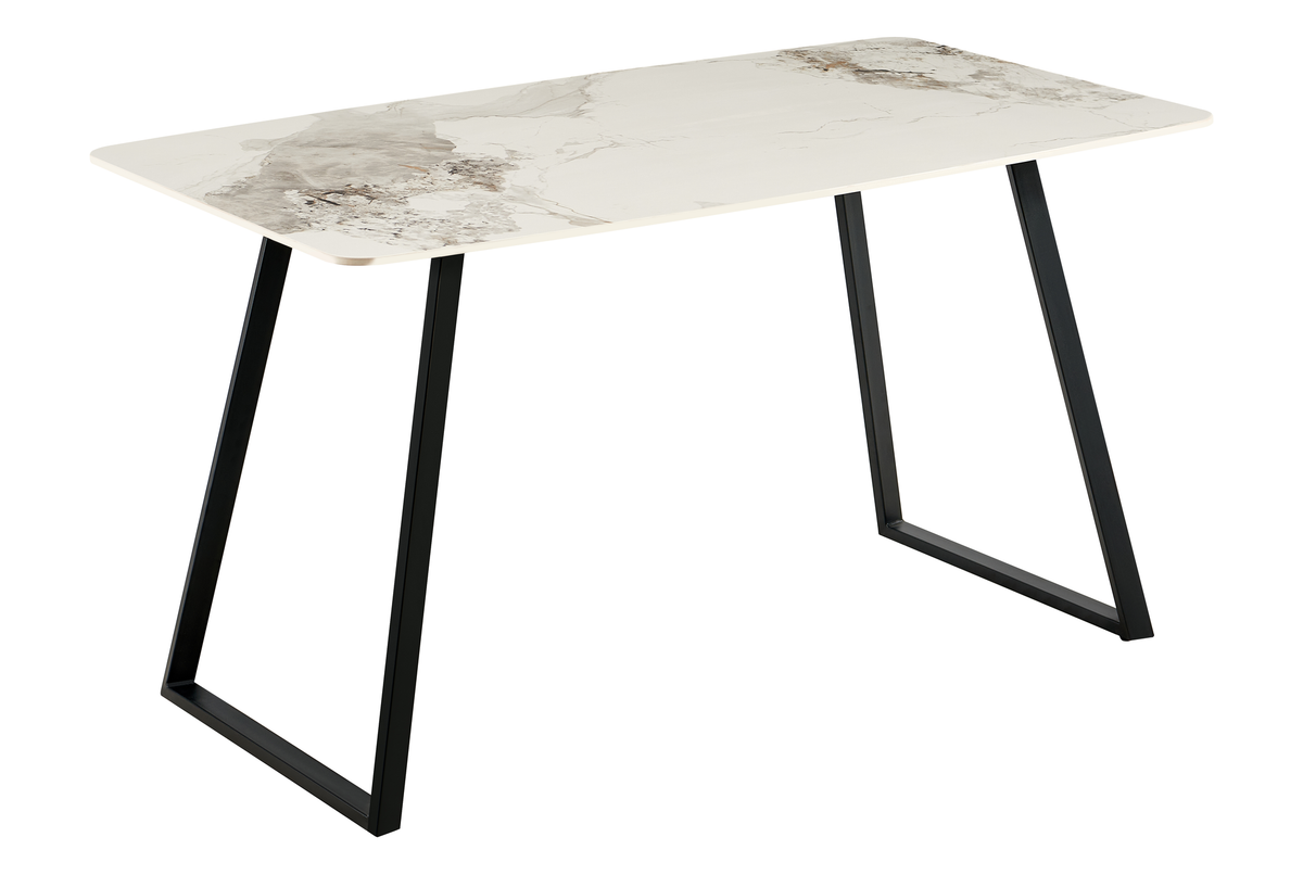 Bow-sided sintered stone dining table in ivory breccia effect with matte black trapezoid frame, T-122
