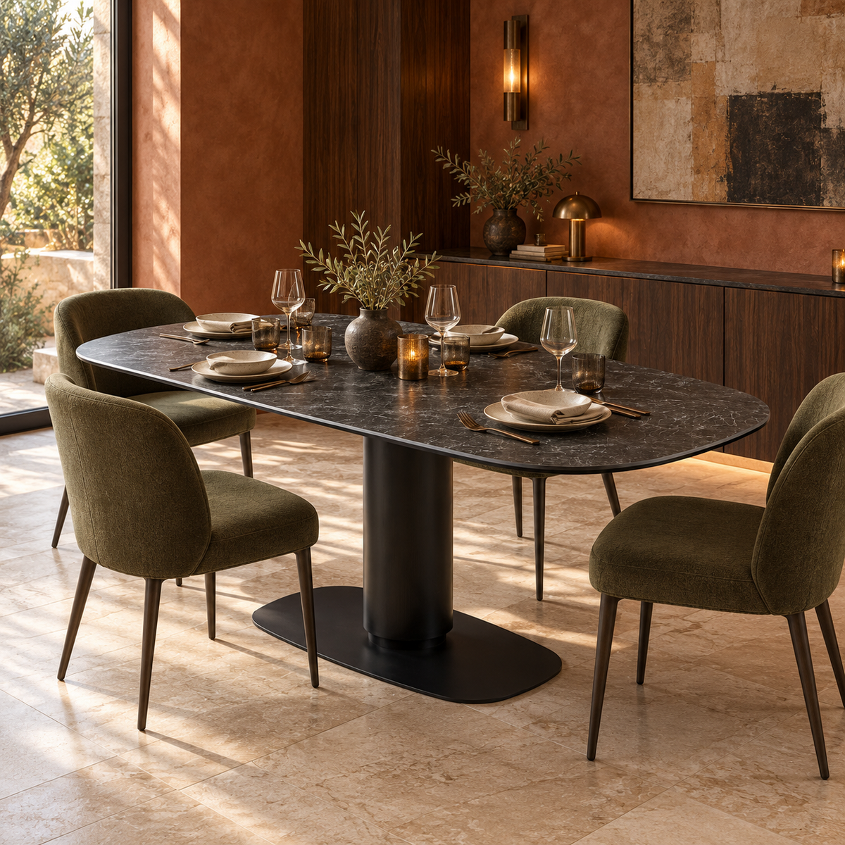 Sintered stone pedestal dining table in dark grey with olive green chairs in a terracotta dining setting, T-99