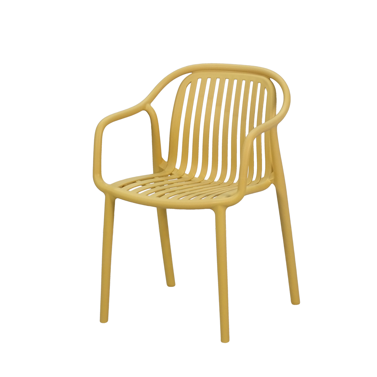 Slatted polypropylene armchair in mustard yellow with continuous back frame for hospitality spaces, PC-112