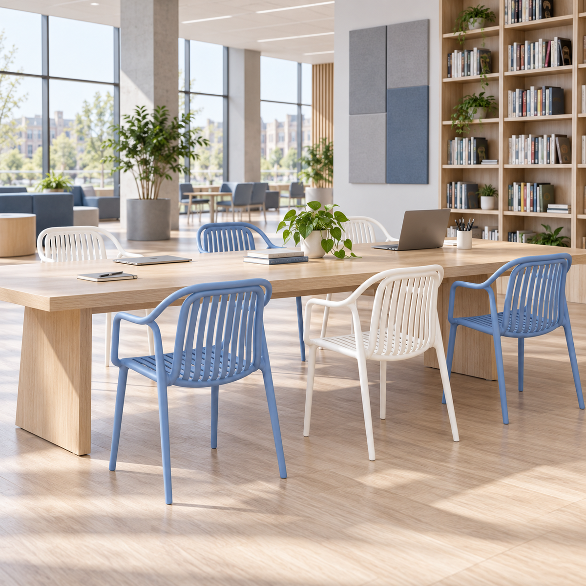 Slatted polypropylene armchairs in blue and white around a long library study table in an educational commons, PC-112