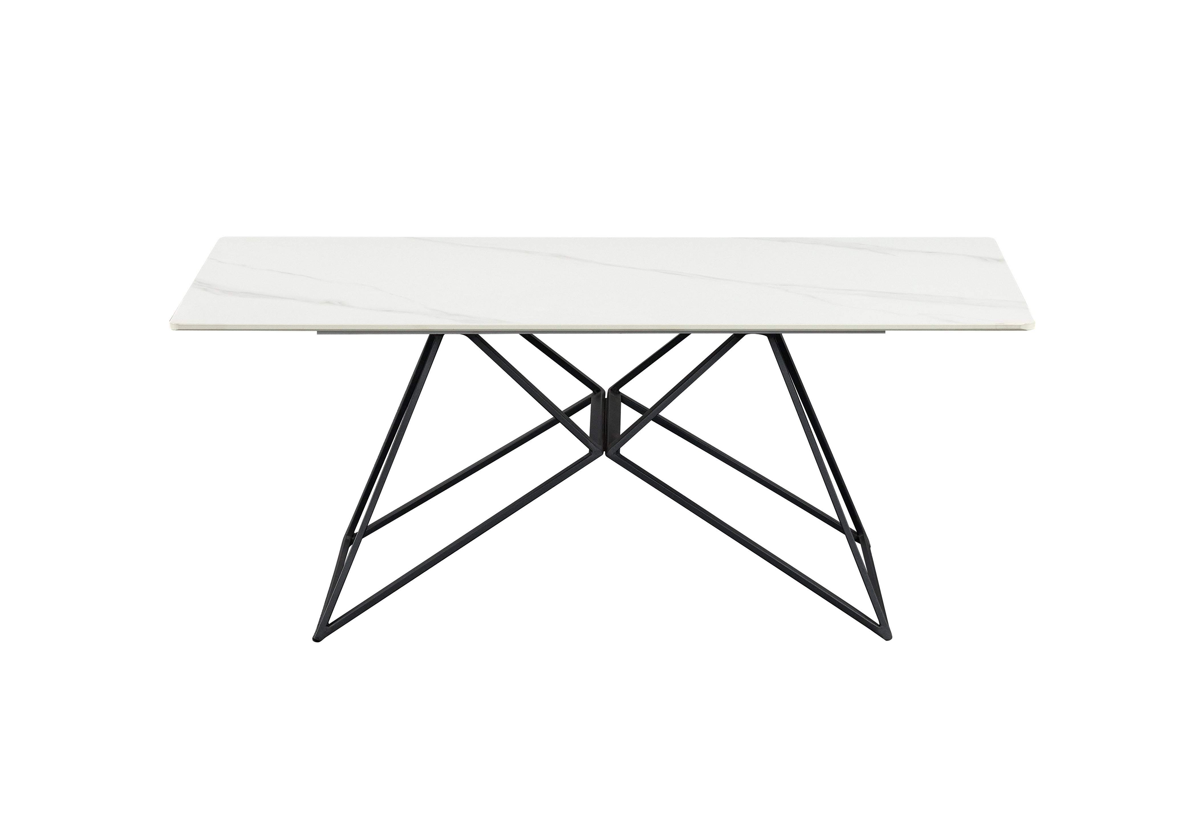 CT-37 Cross-Frame Sintered Stone Coffee Table Front View — 11mm Snow White Stone Top with Safety-Chamfered Edge, Matte Black Geometric Steel Cross-Frame Base — GEYA Seating