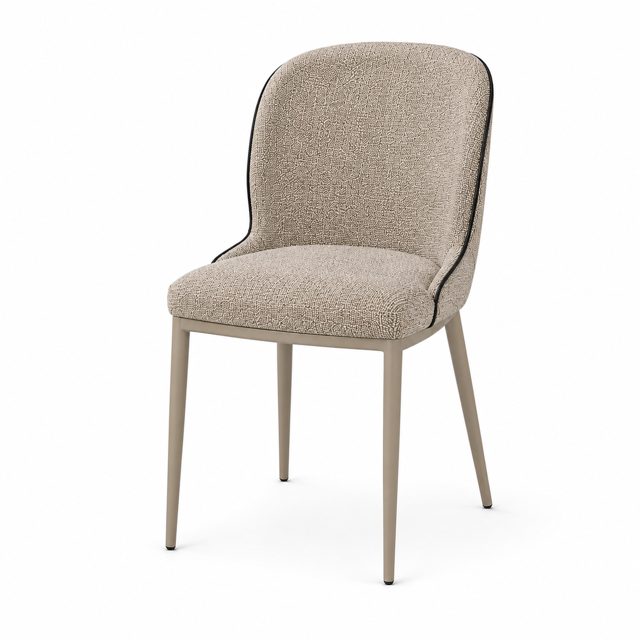 Soft Profile Dining Chair in warm greige COFFEE fabric, featuring an enveloping curved back, contrast edge piping, and refined steel frame, model DC-3251.