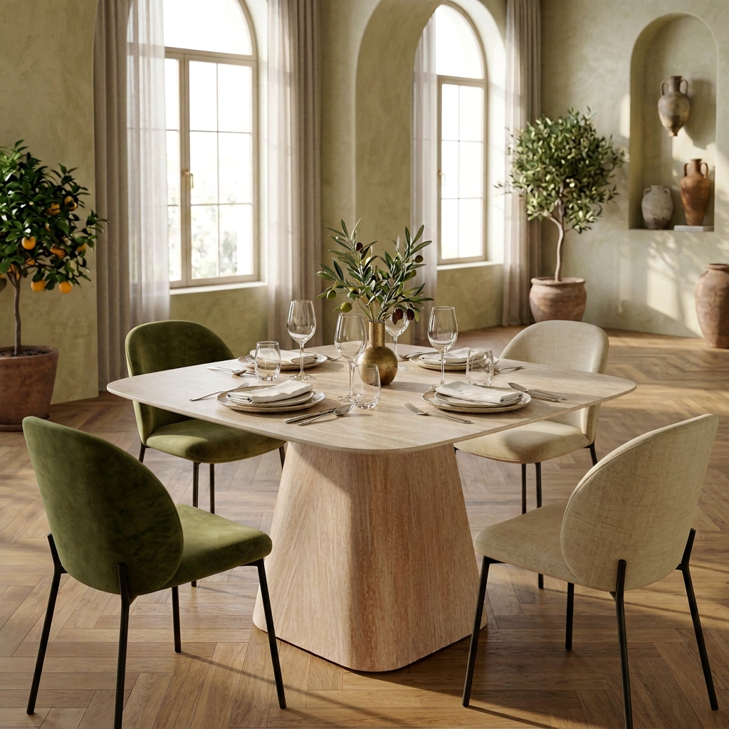 Square sintered stone dining table in beige travertine effect with four chairs in a restaurant dining area T-152