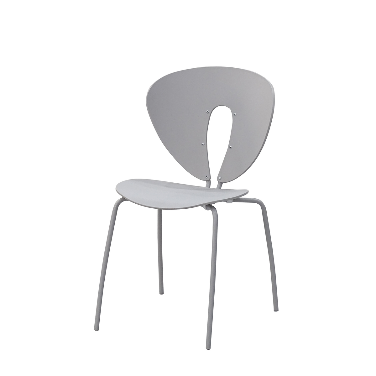 Stackable polypropylene side chair in pebble grey with cut-out backrest and slender tubular steel legs, PC-96