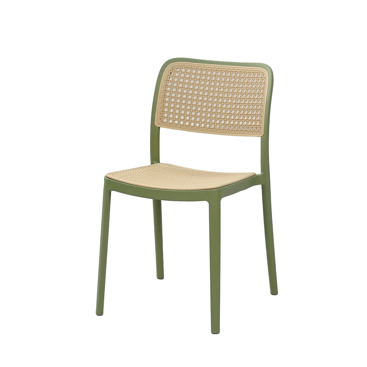 Stackable polypropylene side chair in olive PP frame with woven-look natural-tone seat and back panel and open lower back PC-23