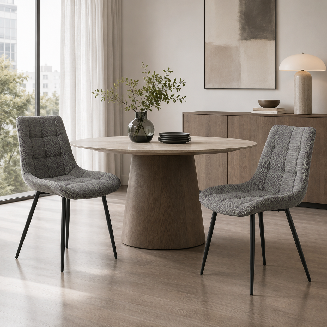 Charcoal grey structured woven dining chairs around black tulip pedestal table in city apartment dining area with floor-to-ceiling windows, DC-3218