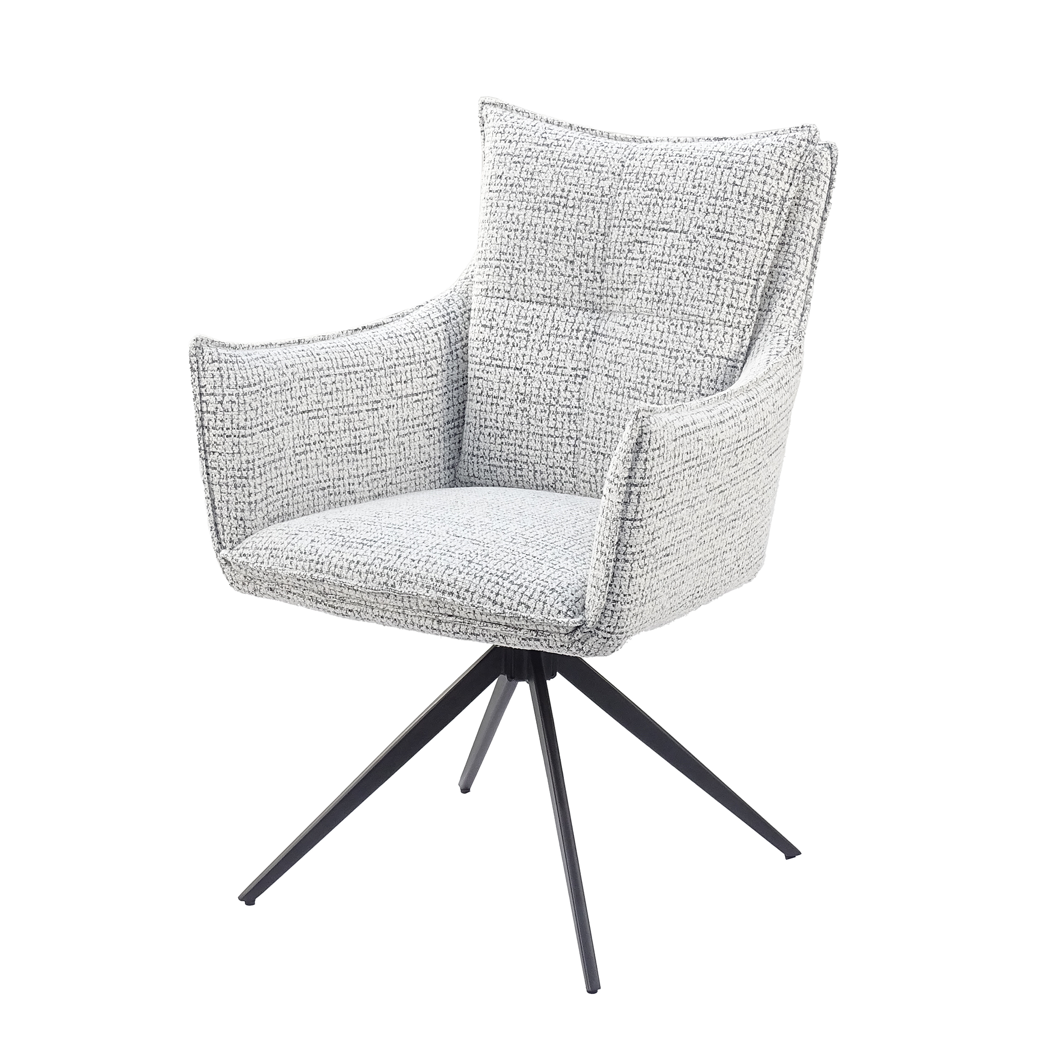Wraparound high-back swivel armchair in Silver Grey Melange decorative bouclé with matt black steel base, client consultation room, DC-5051
