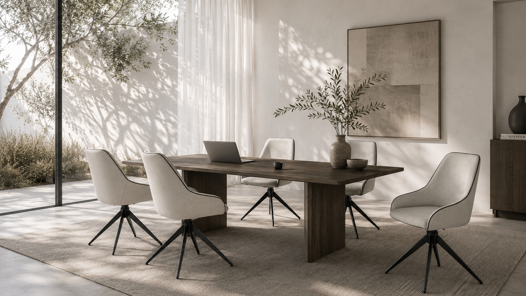 Swivel bucket meeting chair in a modern workspace with upholstered seating and black metal swivel base