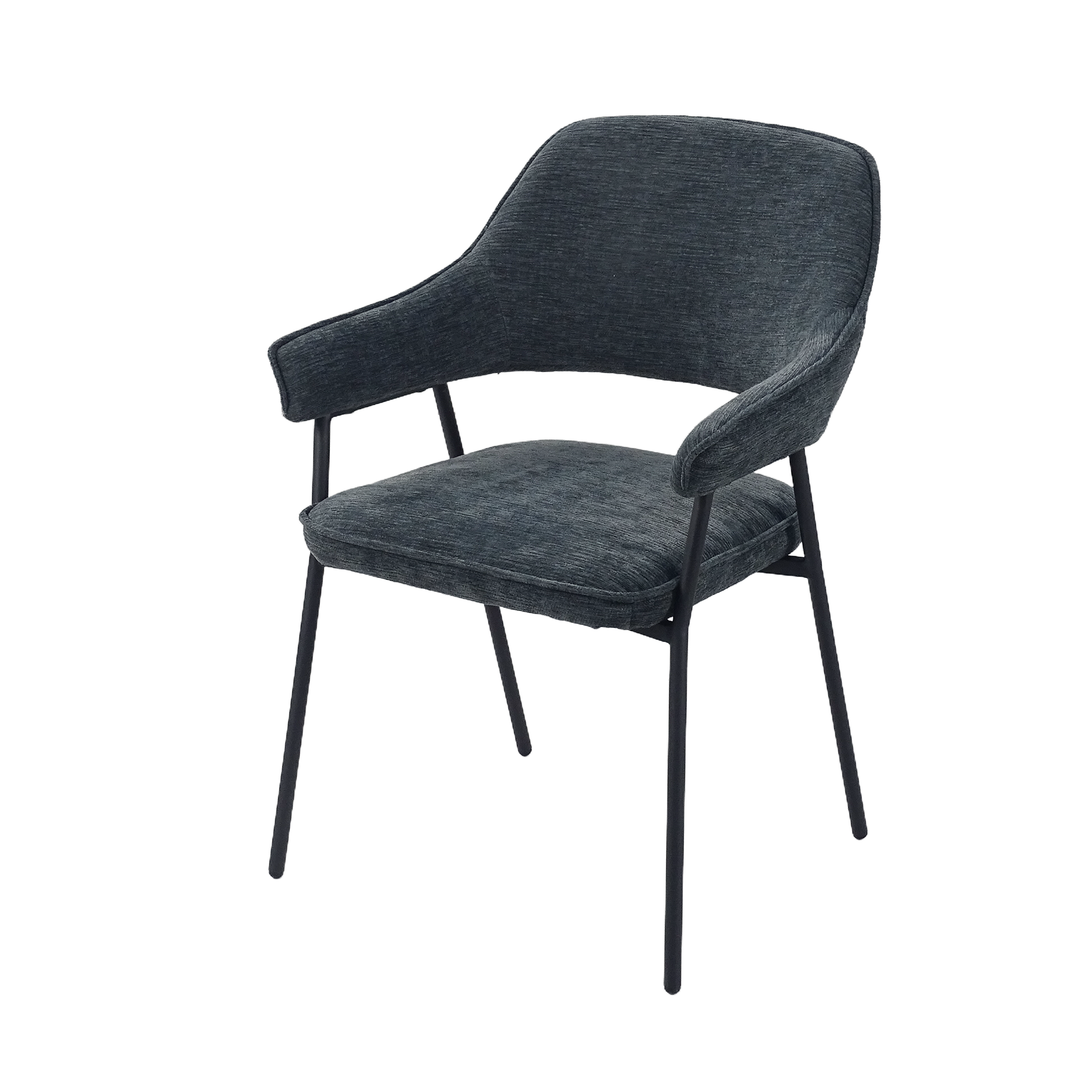 Open-back dining armchair in slate blue textured fabric with black powder-coated steel frame — DC-3198