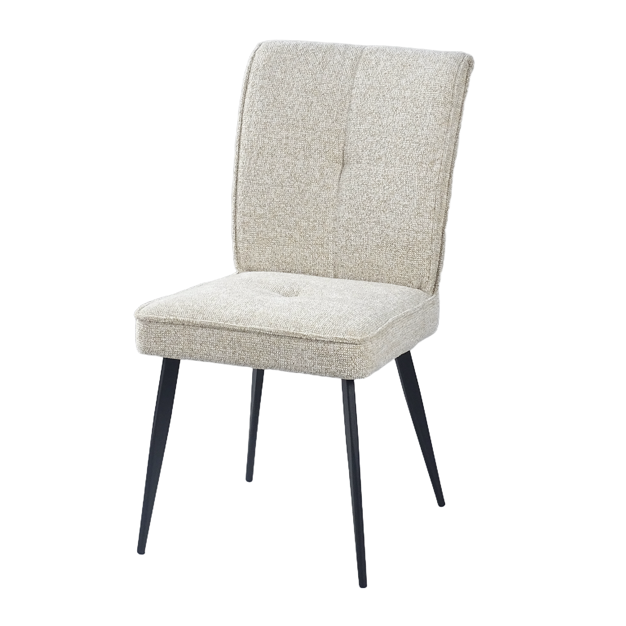 Curved-back dining chair in oatmeal textured woven fabric with tapered black steel legs — GEYA Seating DC-3219