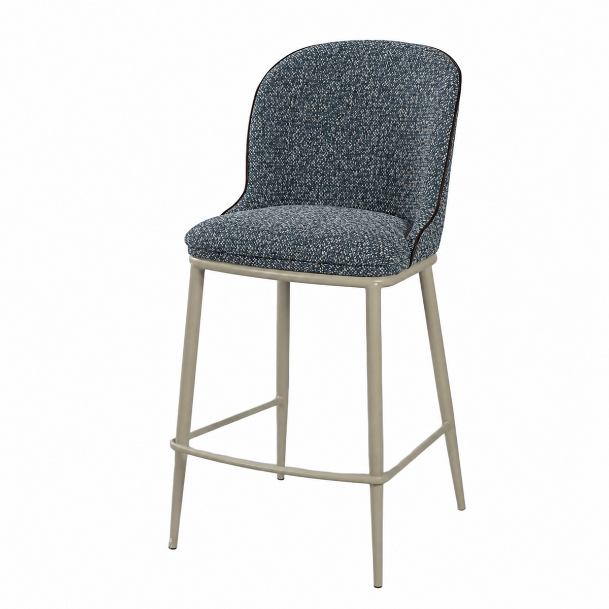 Upholstered bar stool in Blue Grey mélange fabric featuring a curved backrest and tapered round legs, BC-176-750