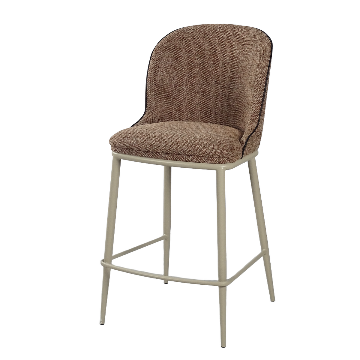 Upholstered bar stool in Coffee Brown mélange fabric with black PU contrast piping, GEYA Seating BC-176-750