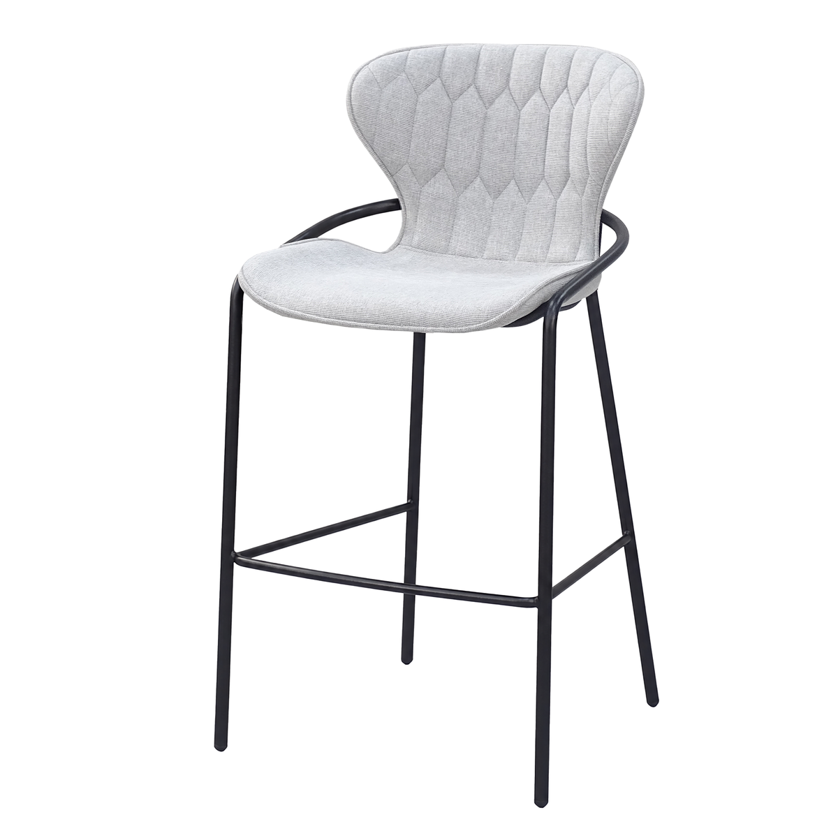 Upholstered bar stool in heather grey fabric with wraparound steel frame, BC-85-750
