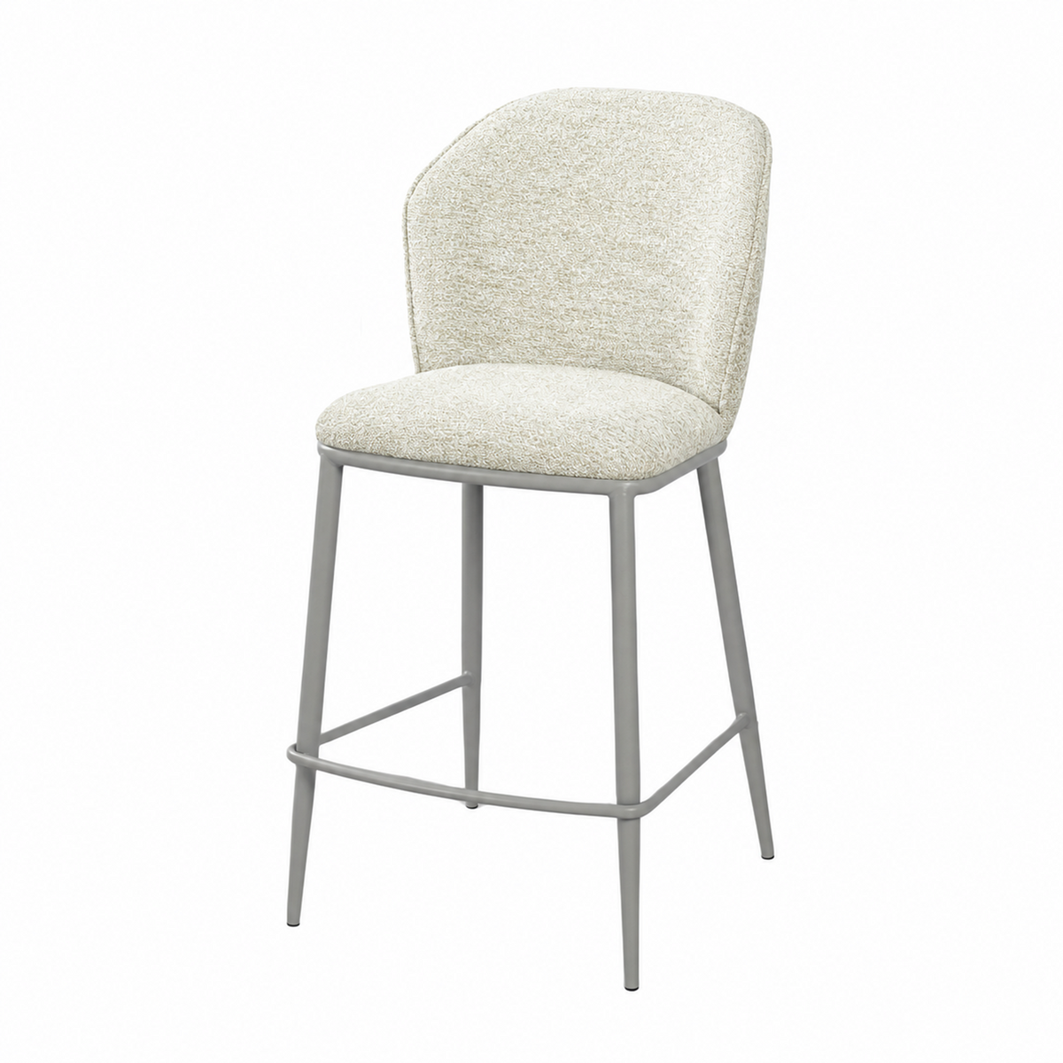 Upholstered bar stool in Ivory structured woven upholstery with curved backrest and tapered steel legs, BC-175-750