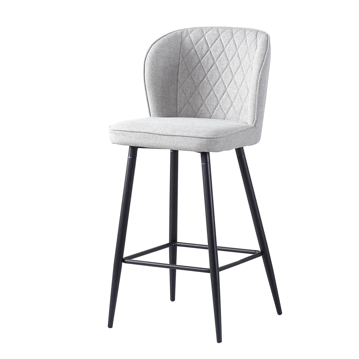 Upholstered bar stool in light grey woven fabric with rounded padded seat and angled steel legs, BC-53-750