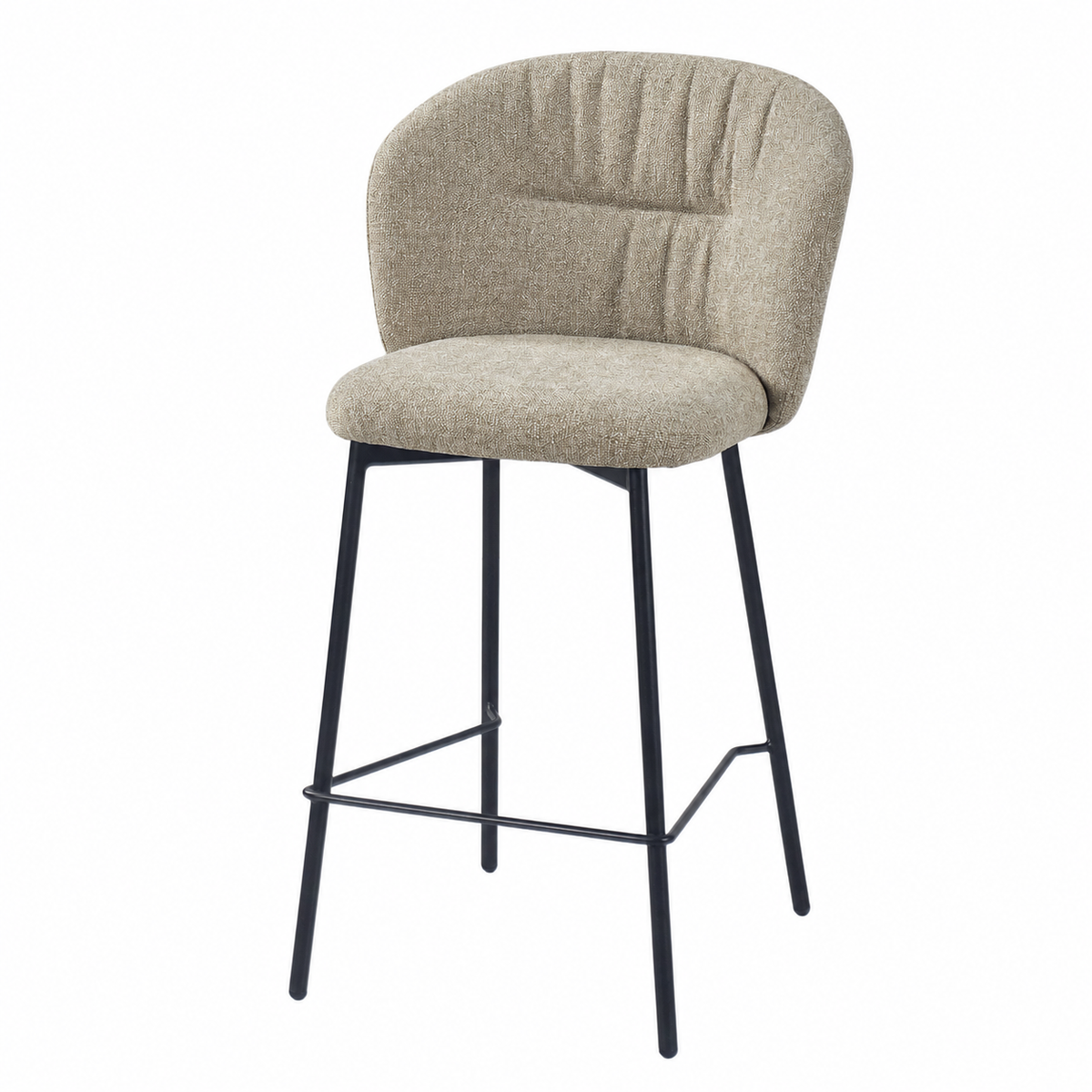 Upholstered bar stool in oatmeal with a separate rounded seat above a black four-leg base and front footrest, BC-153-750