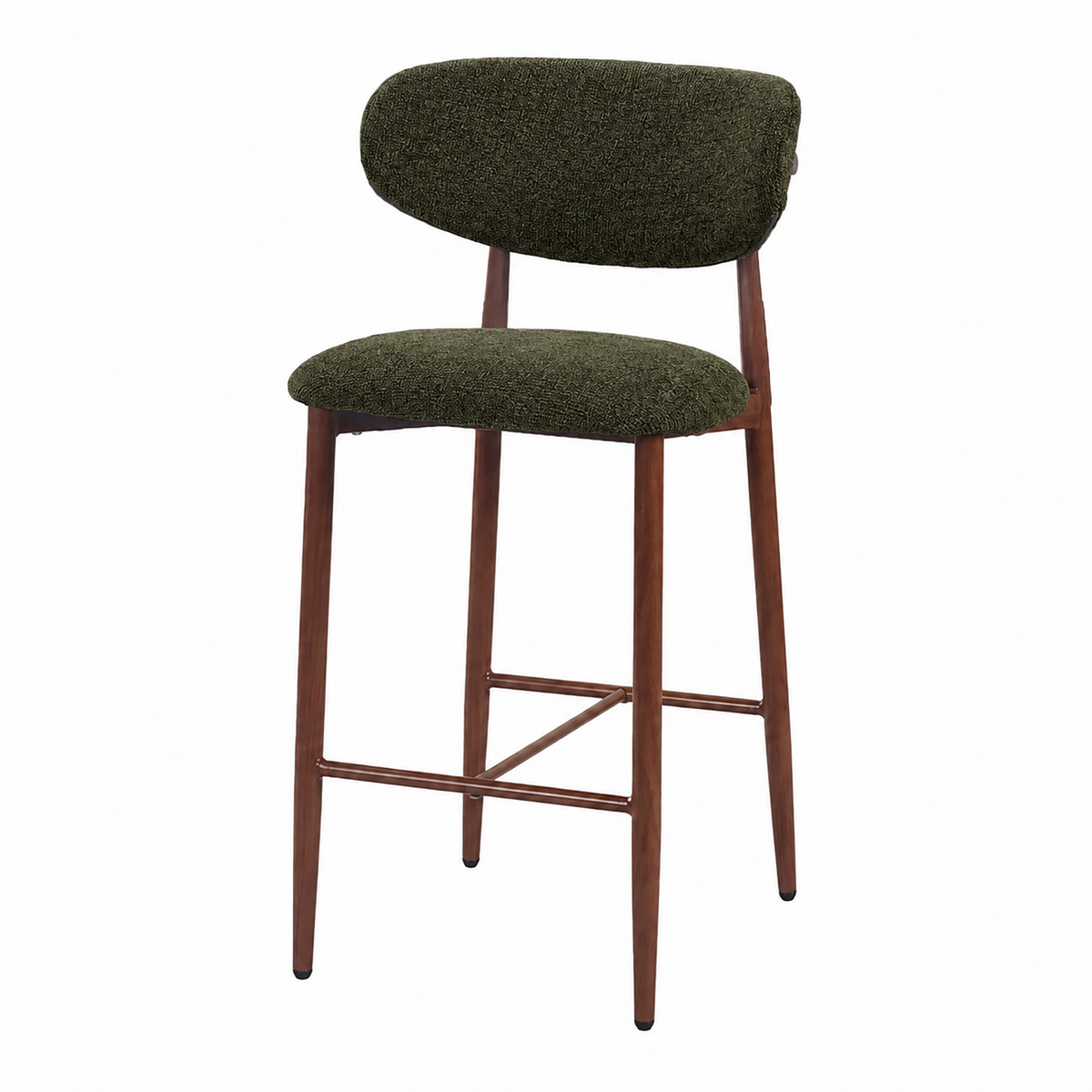 Upholstered bar stool in dark olive green textured upholstery with wood-grain steel frame and footrest, BC-157-750