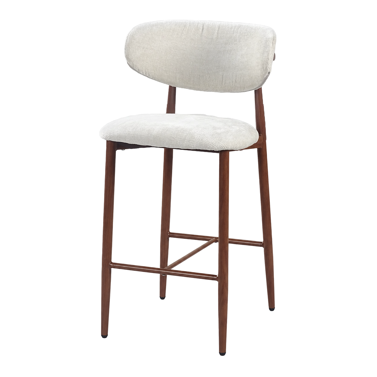 Upholstered bar stool in ivory white textured upholstery with exposed steel back rail, GEYA Seating BC-157-750