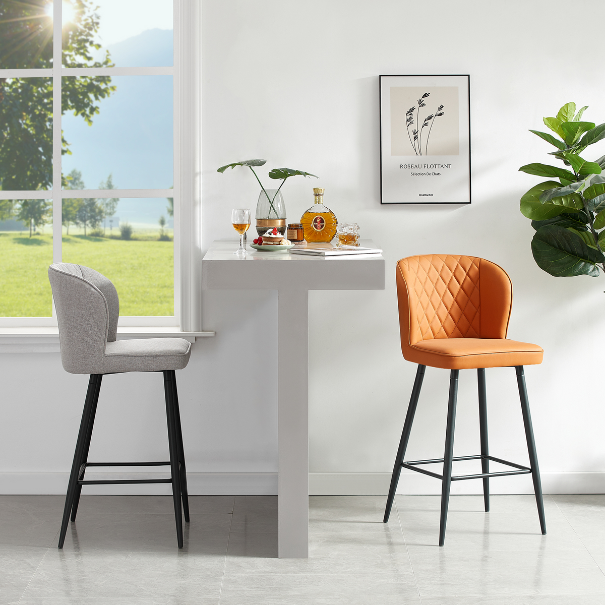 Upholstered bar stools in light grey and cognac beside a white high table and large window, BC-53-750
