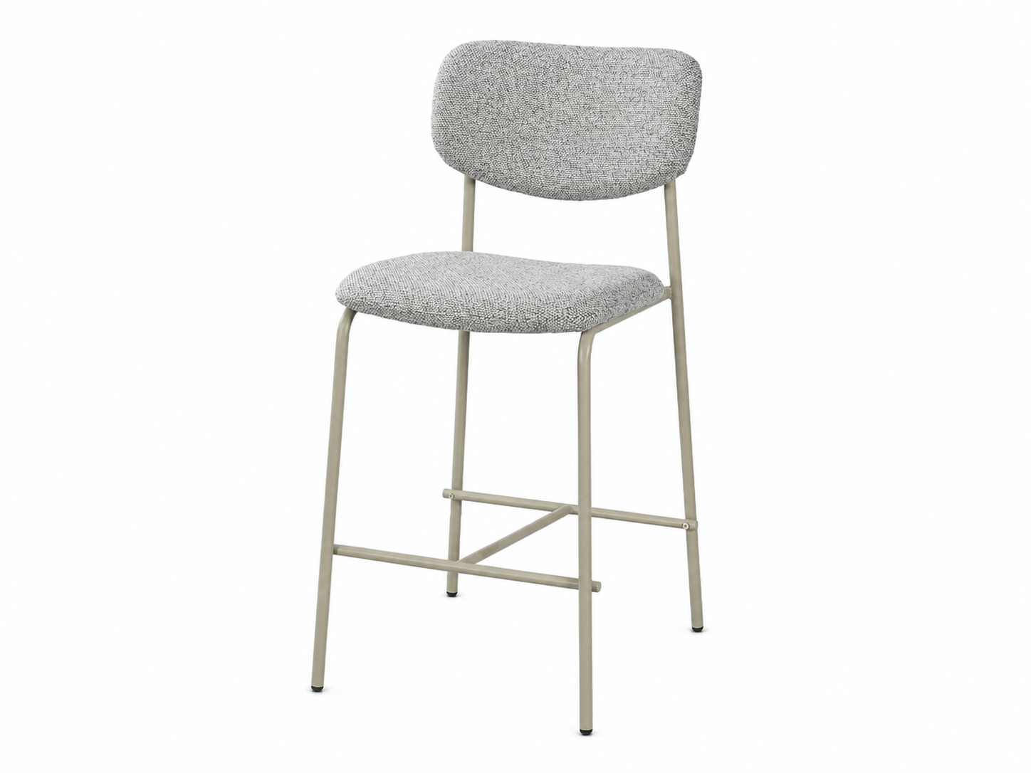 Soft grey mélange upholstered counter stool with rounded backrest and cream powder-coated metal legs, model BC-171.