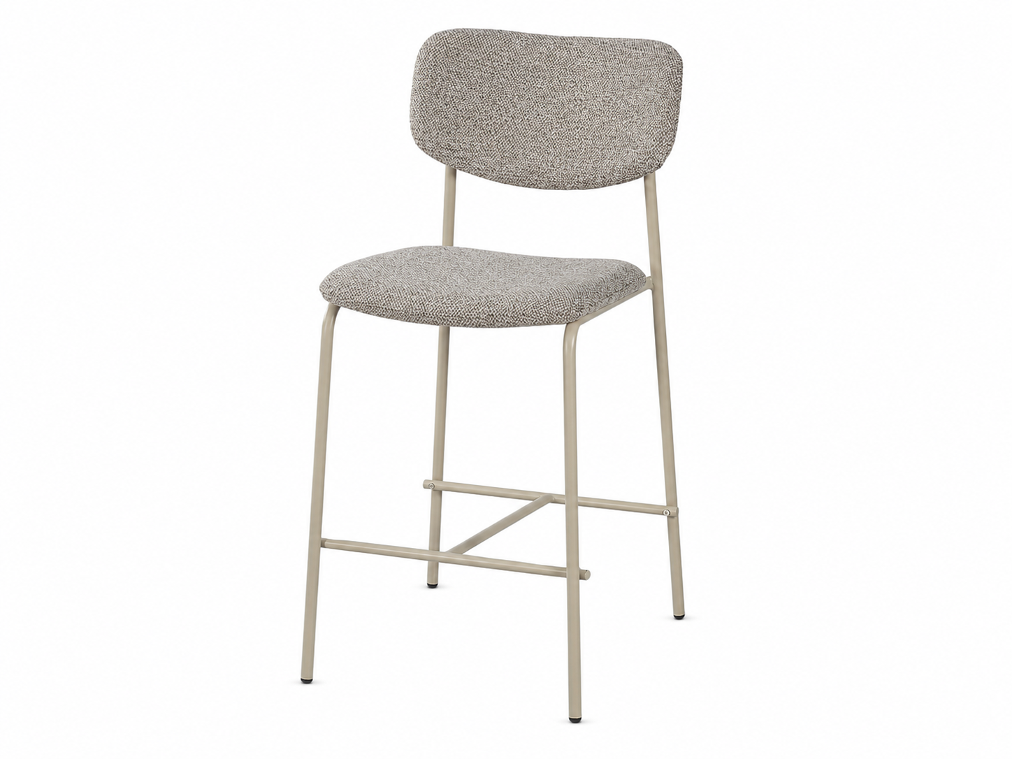 Warm greige mélange upholstered counter stool with rounded backrest and cream powder-coated metal legs, model BC-171.