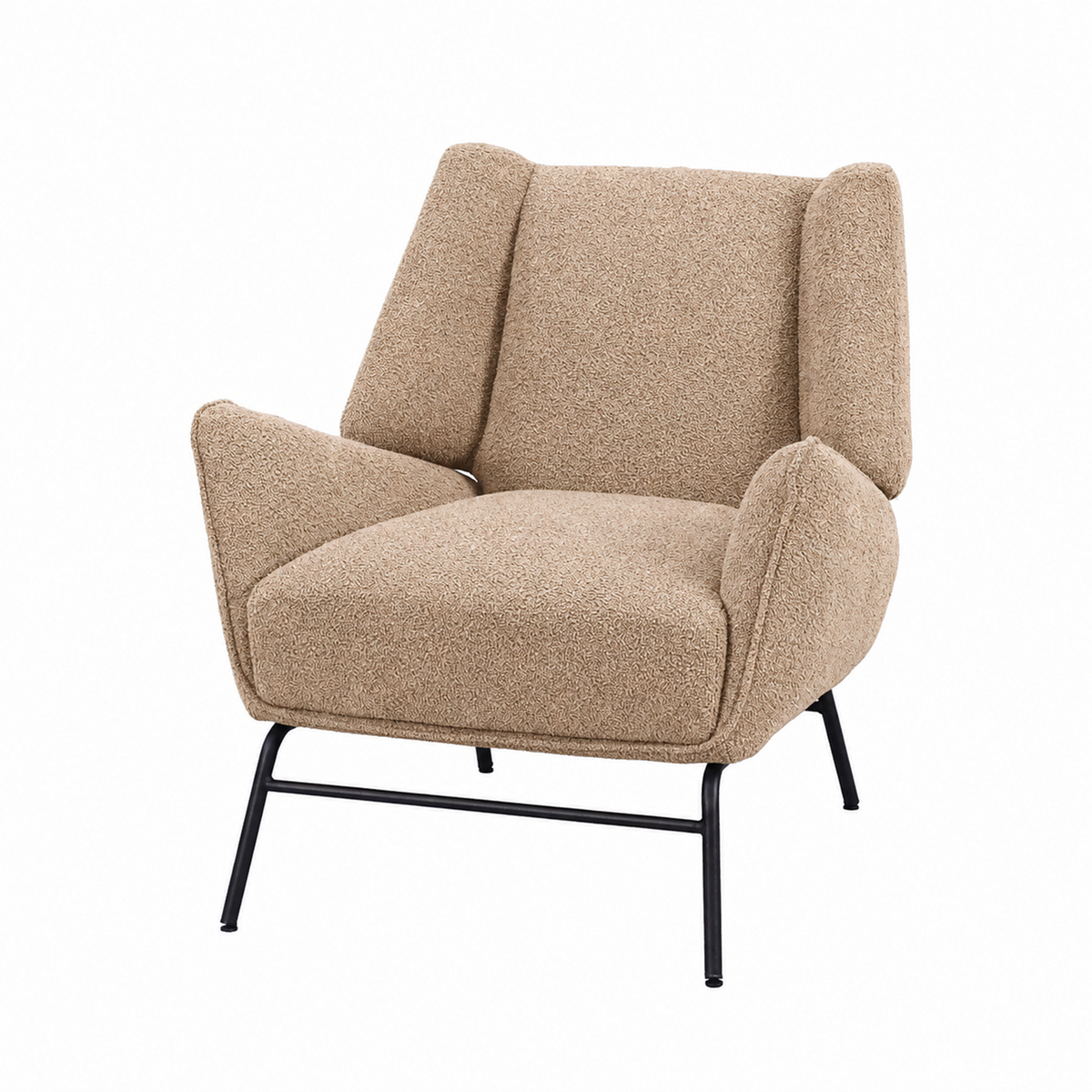 Micro Bouclé upholstered lounge chair in Warm Beige with winged back, padded arms and thick seat, RC-10
