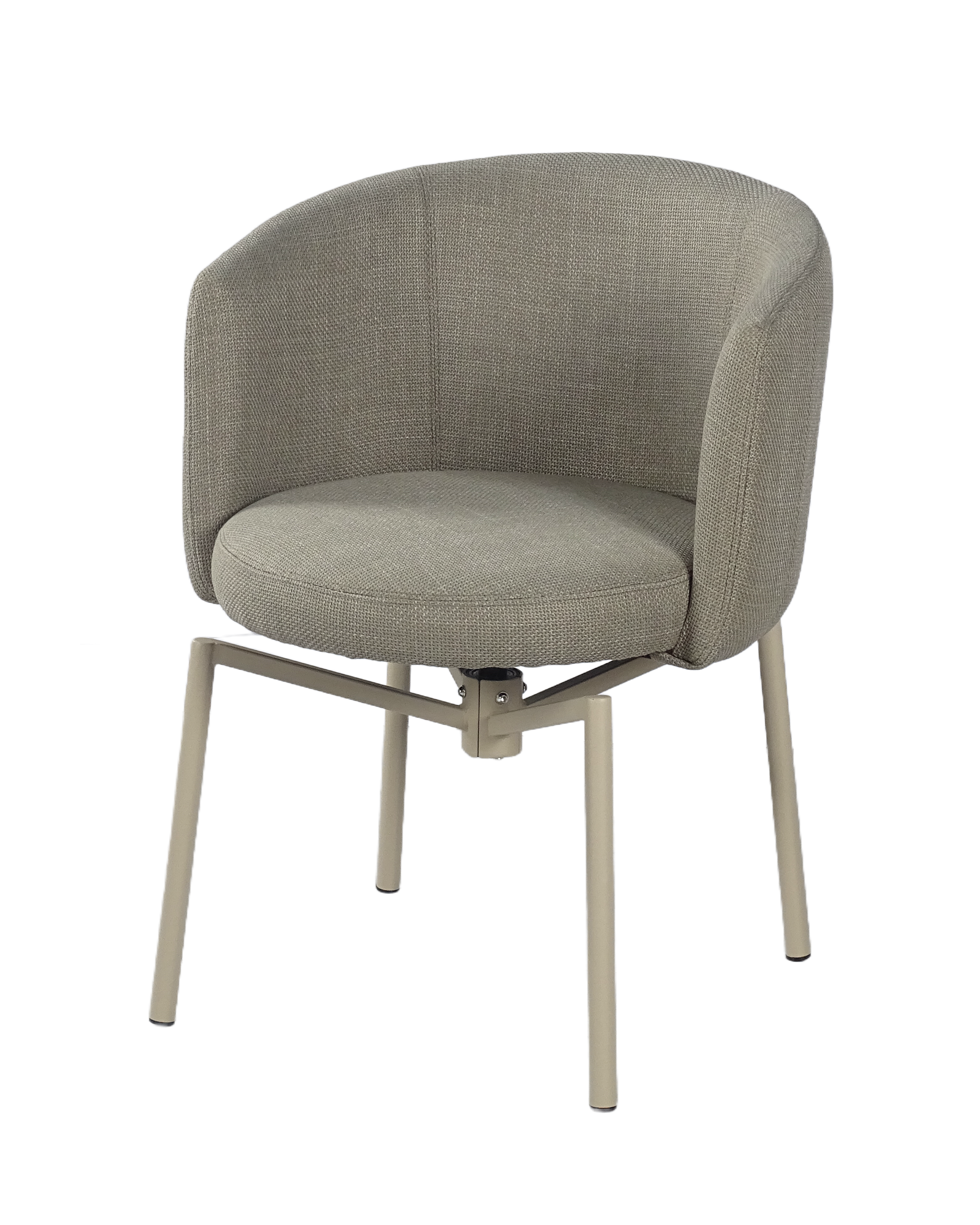 Upholstered swivel tub chair with rounded wraparound back and four-leg metal base