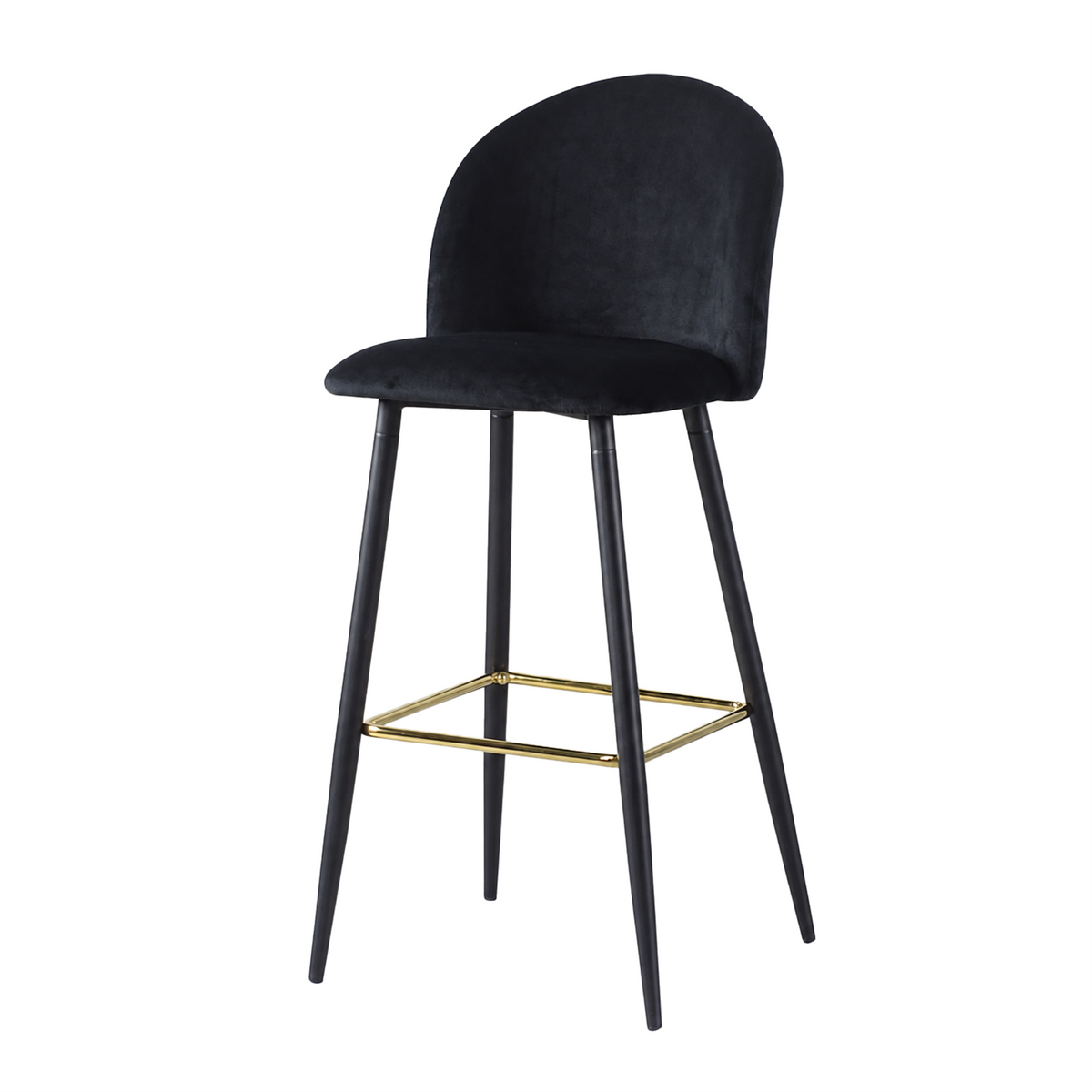 Curved velvet bar stool in Jet Black with custom gold accent footrest ring BC-50-750