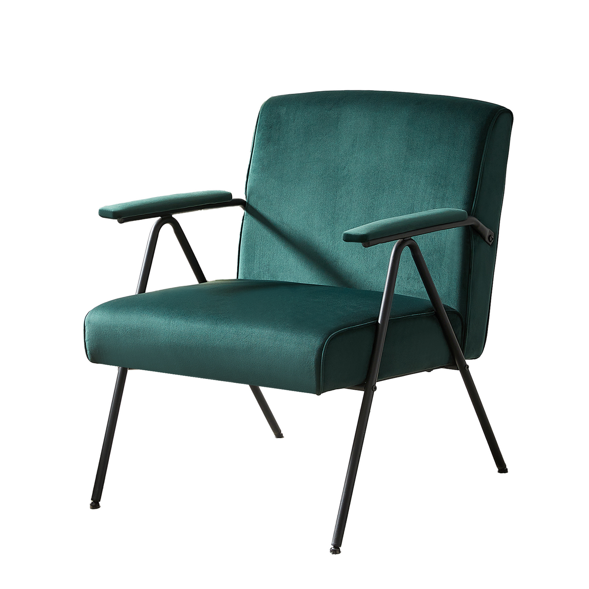Forest green velvet lounge armchair with exposed steel frame and open side structure on sprayed black legs RC-03