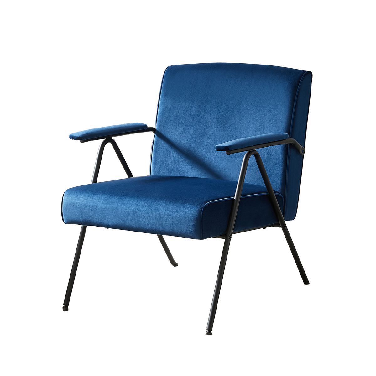 Ink blue velvet lounge armchair with tubular steel frame for boutique hotel lounge and reception seating RC-03