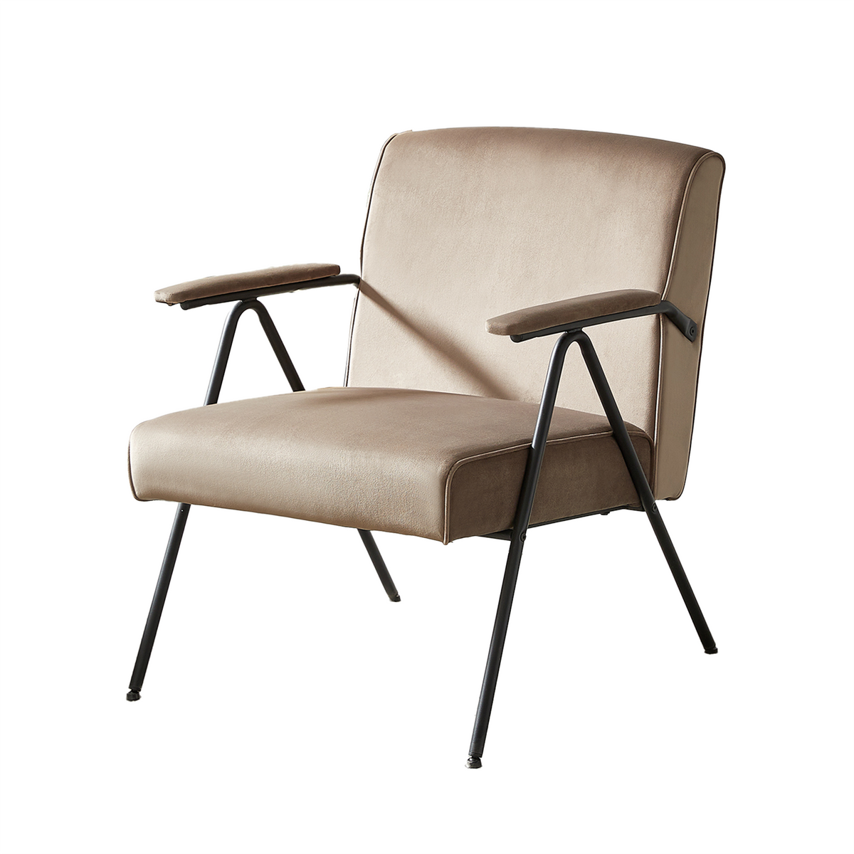 Sand velvet lounge armchair showing broad upholstered back with curved top edge and separate padded arm pads RC-03