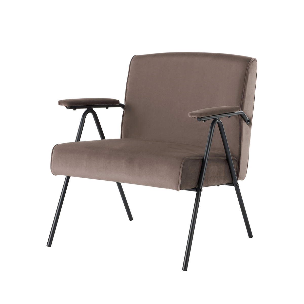 Warm taupe velvet lounge armchair with exposed tubular steel frame and separate upholstered arm pads, GEYA Seating RC-03