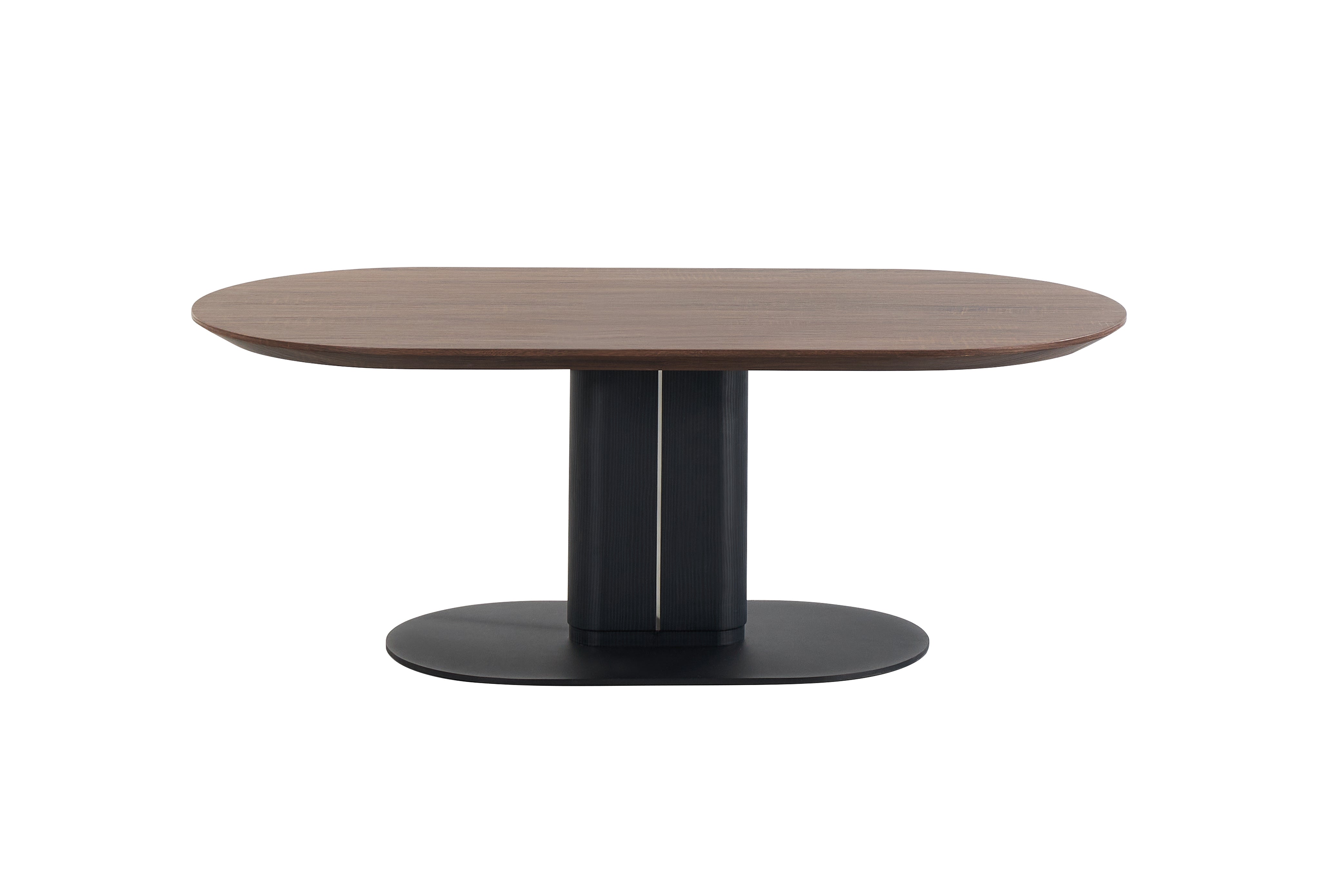 CT-38 Twin-Column Pedestal Coffee Table Front View — 35mm Walnut-Effect MDF Top with Organic-Curve Profile, Twin MDF Column with Silicone Strip Detail, Matte Black Oval Steel Base — GEYA Seating