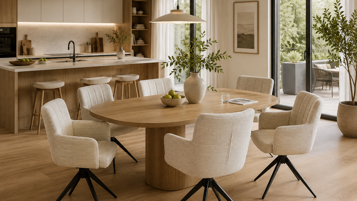 Wing-back upholstered dining chairs around a round wooden table in a modern open-plan kitchen and dining area