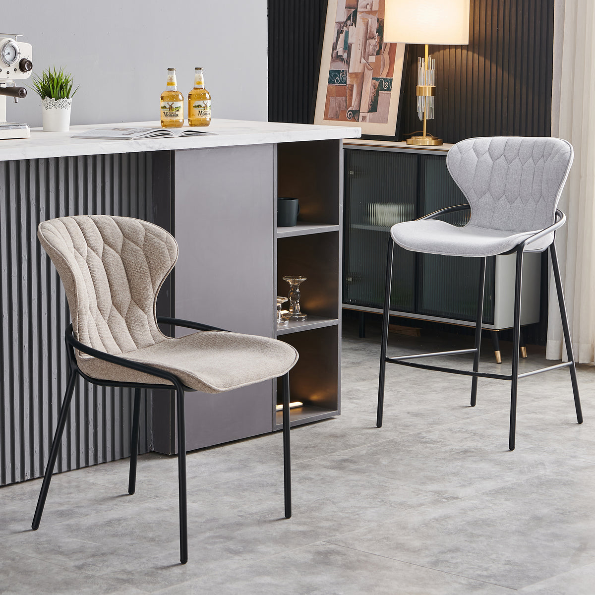 Winged-back upholstered bar stools with wraparound steel frames arranged at a ribbed island counter, BC-85-750