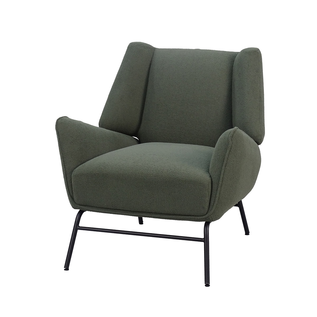 Winged-back upholstered lounge chair in Olive Grey Micro Bouclé with black tubular steel base GEYA Seating RC-10