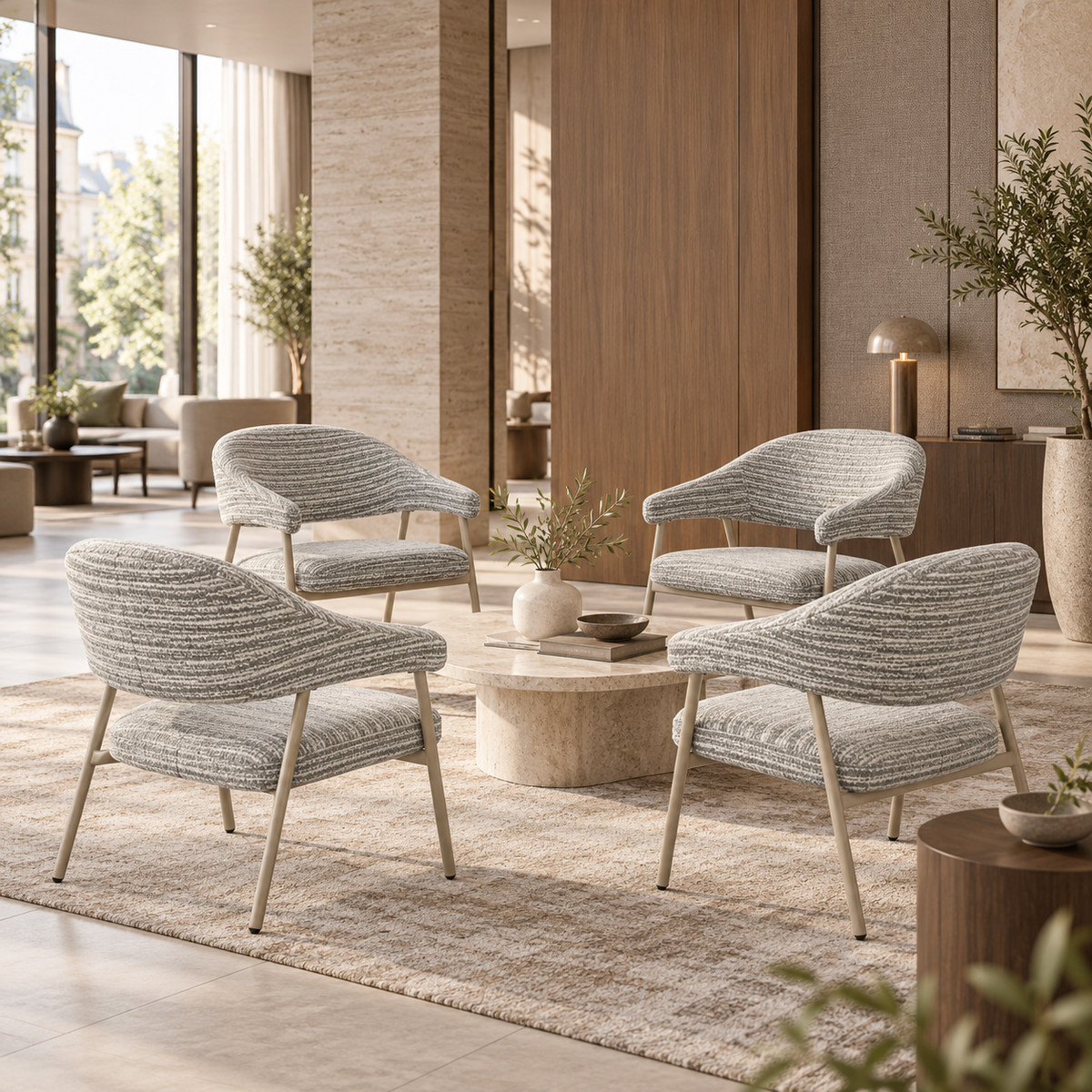 Wraparound bouclé lounge chairs in smoke grey mélange for hotel lounge conversational seating RC-18