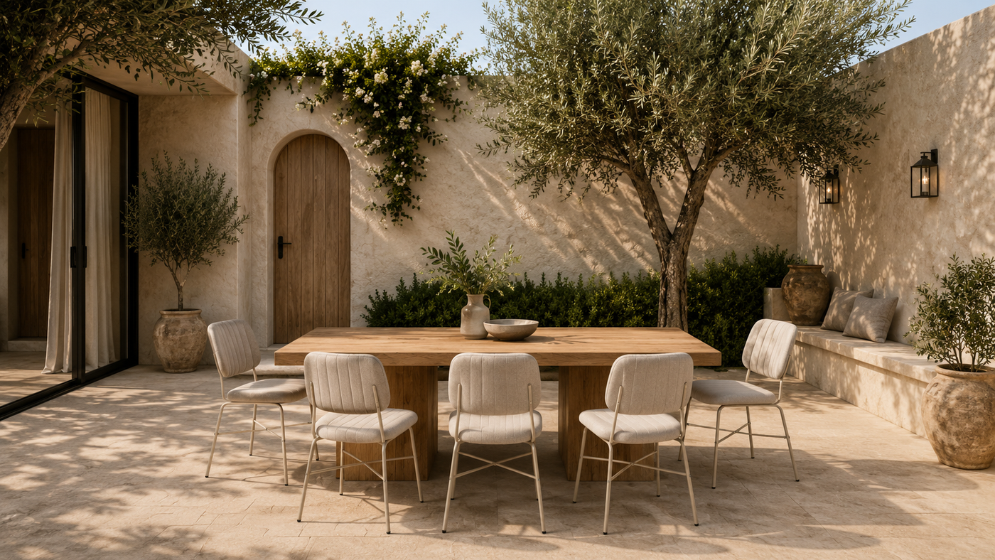 Channel-Quilted Bouclé Side Chair — Outdoor Terrace Setting with [