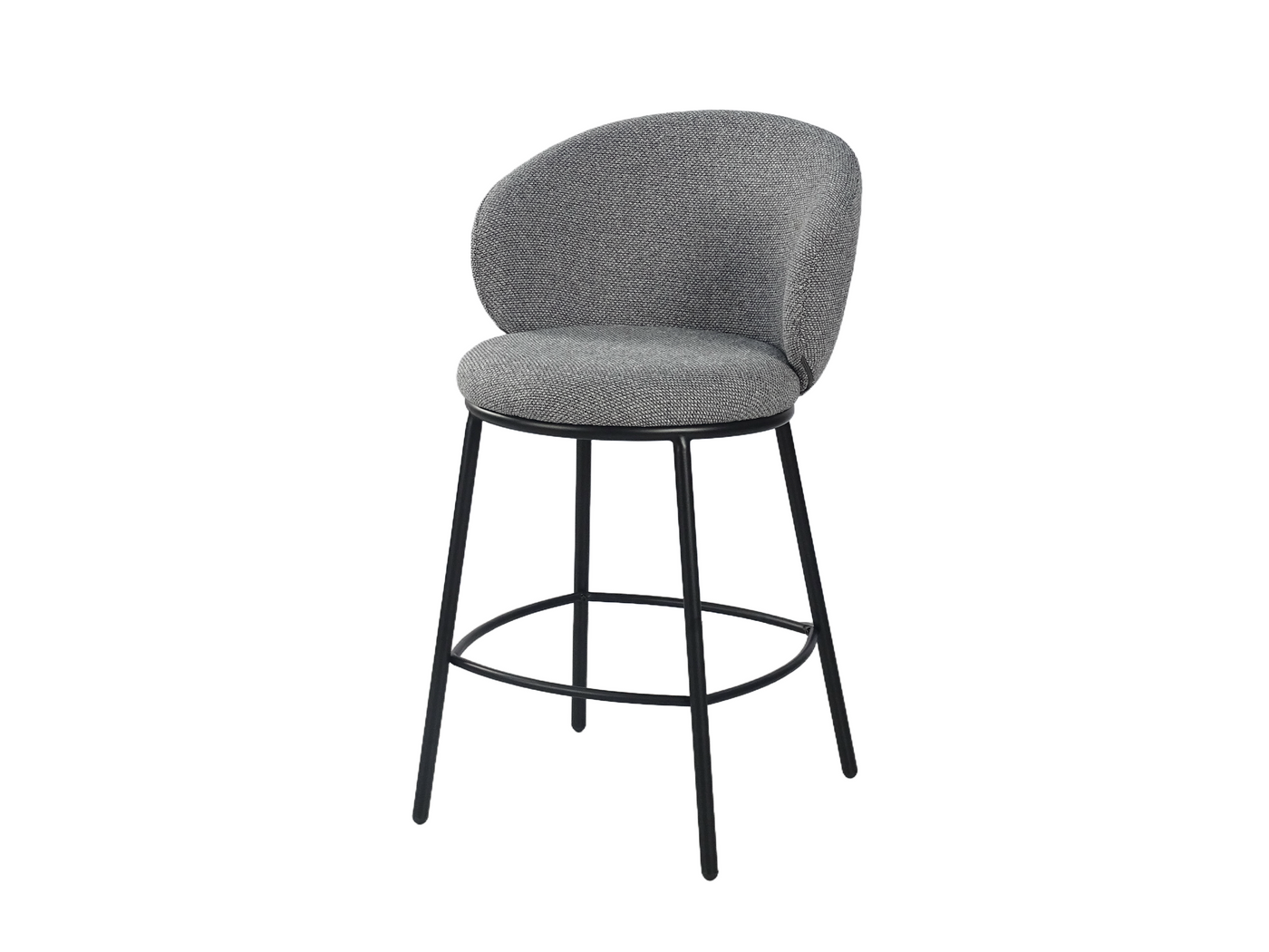 Upholstered bar stool with curved backrest in studio product presentation showing rear view with seamless shell back form and textured upholstery surface for modern hospitality interiors.