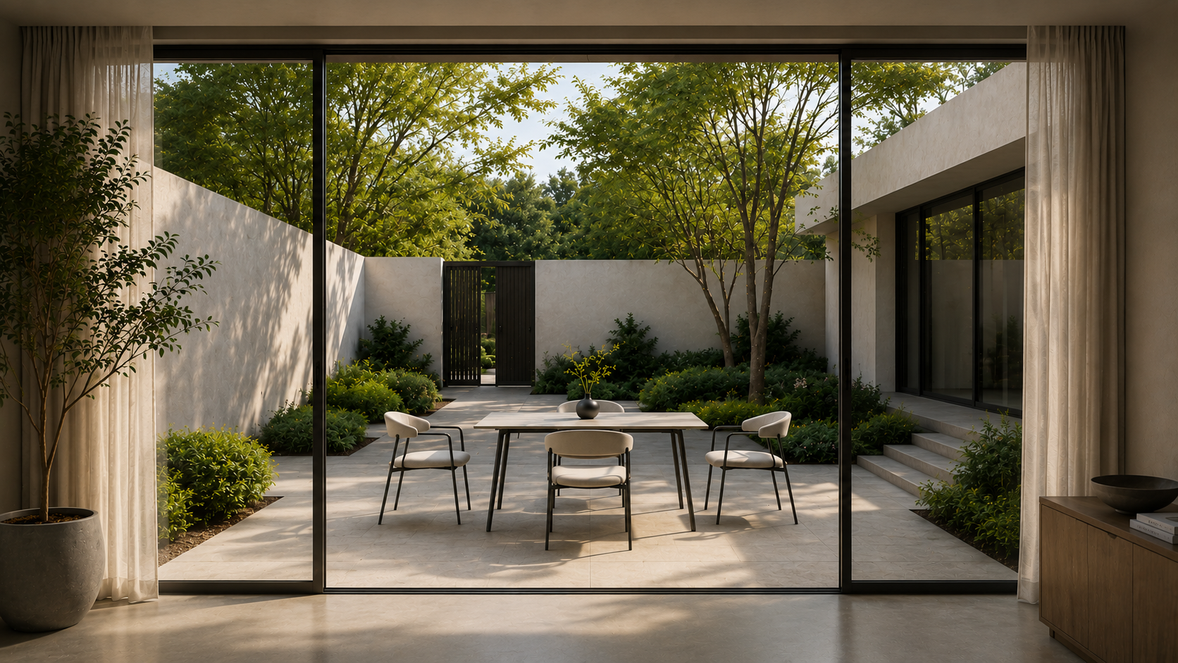 Product page on GEYA Seating featuring the "Fluid Arc Dining Chair" (model DC-3252) with a continuous upholstered arc and open black steel frame, set in a modern outdoor patio scene; alongside is the "Low-Back Polypropylene Bar Stool". Clean, minimalist web layout with navigation menu and product titles displayed below each image.