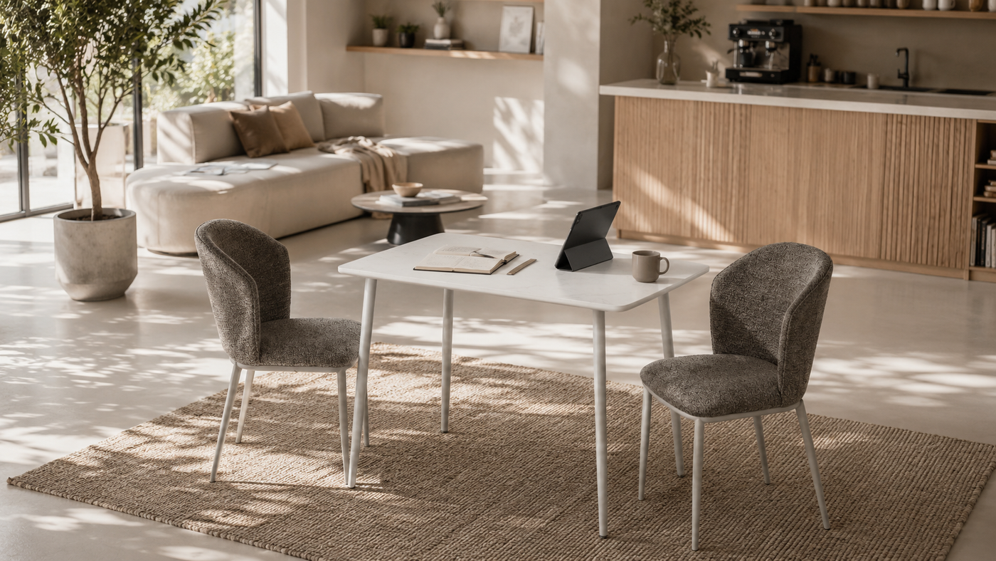 Sculpted Back Dining Chair — Home Office Setting.Warm interior with [