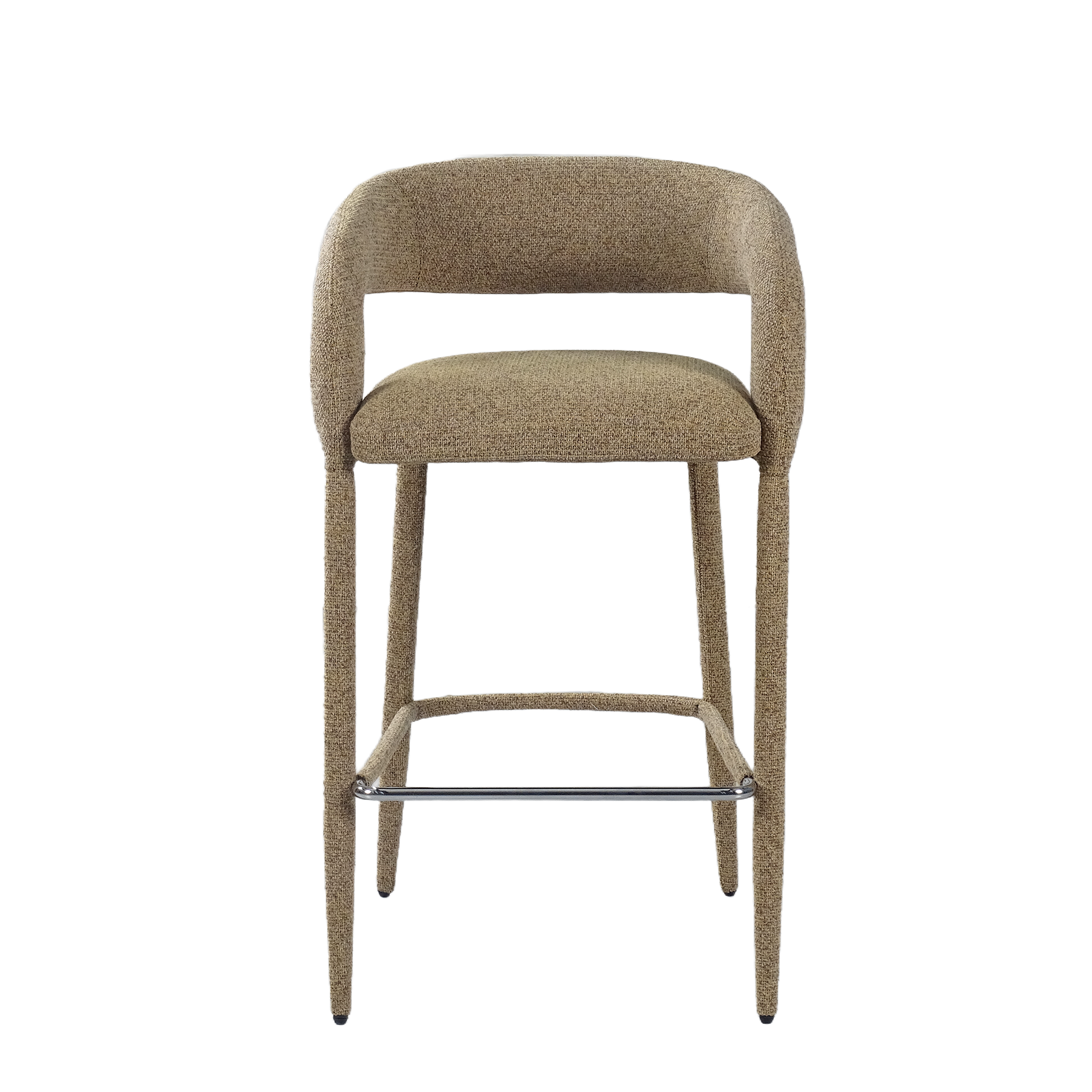 Seamless sculptural back upholstered bar stool with soft fabric finish and metal footrest