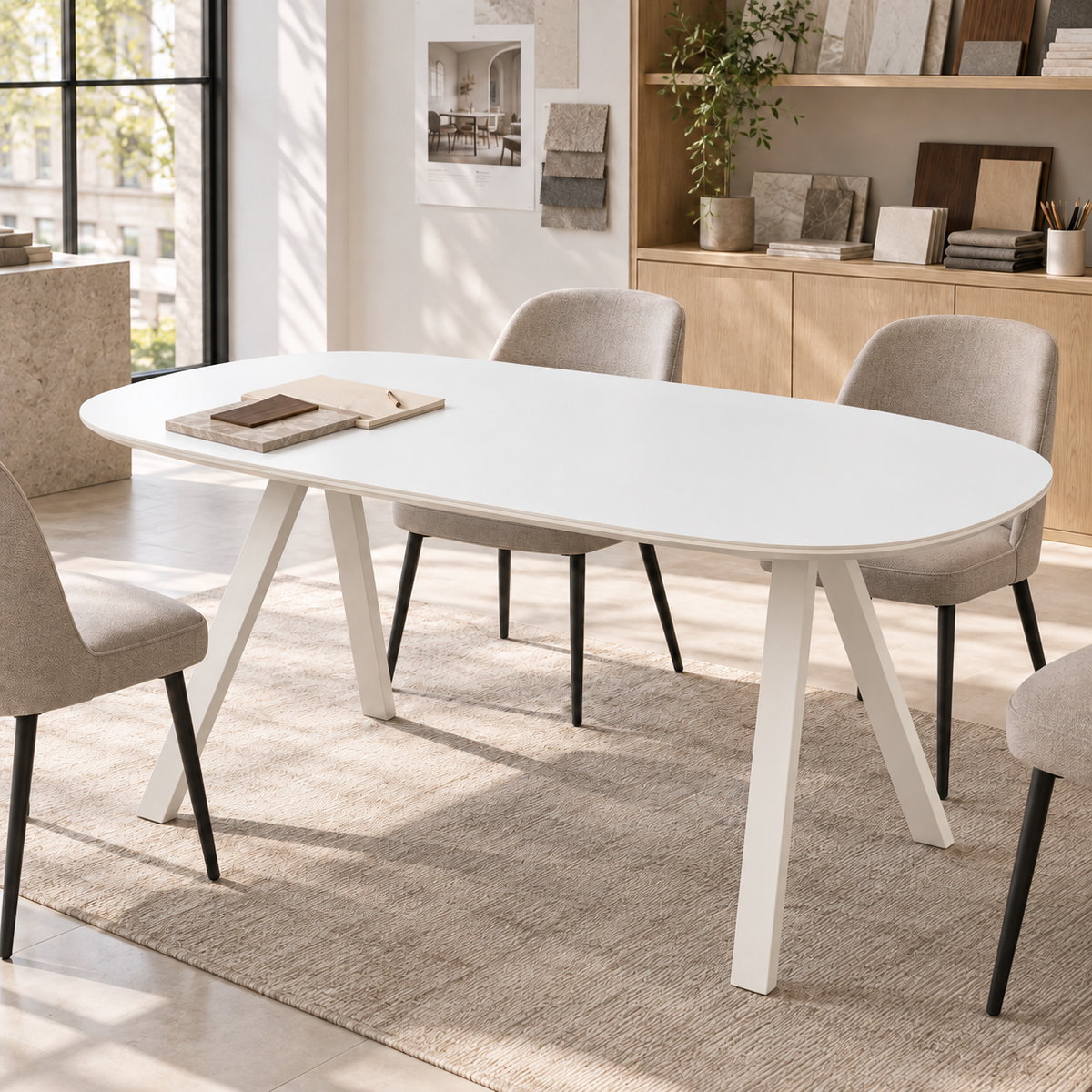 All-white barrel-top dining table in a sunlit architectural studio with upholstered dining chairs, T-309