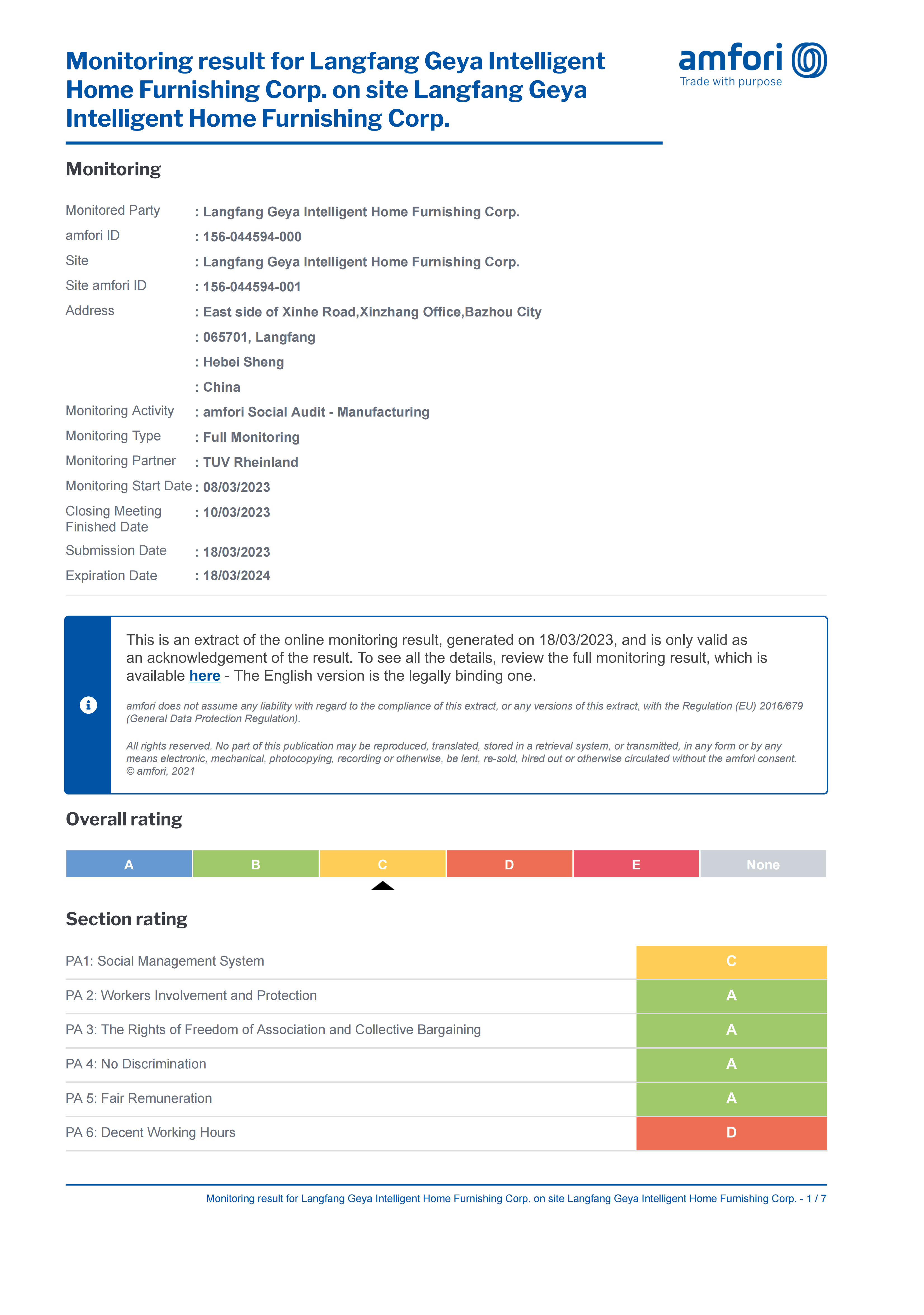 amfori BSCI social compliance monitoring report for GEYA furniture manufacturing facility