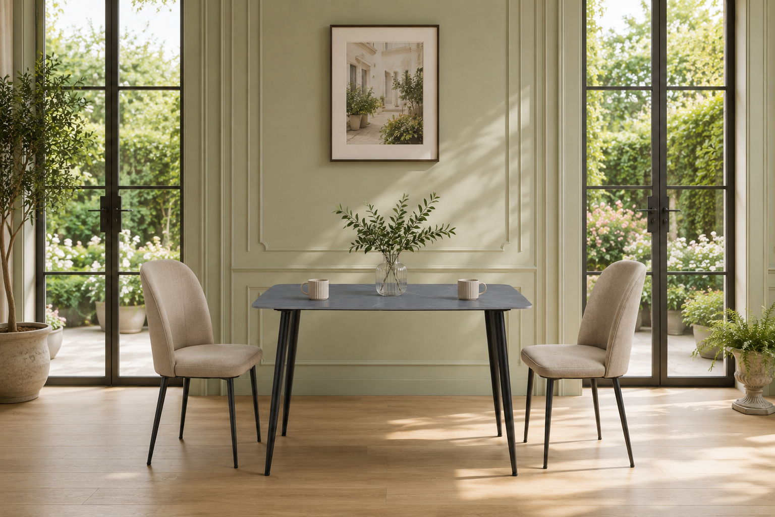 Armani Grey rectangular dining table with black metal legs in a simplified French garden breakfast room with two beige upholstered chairs.