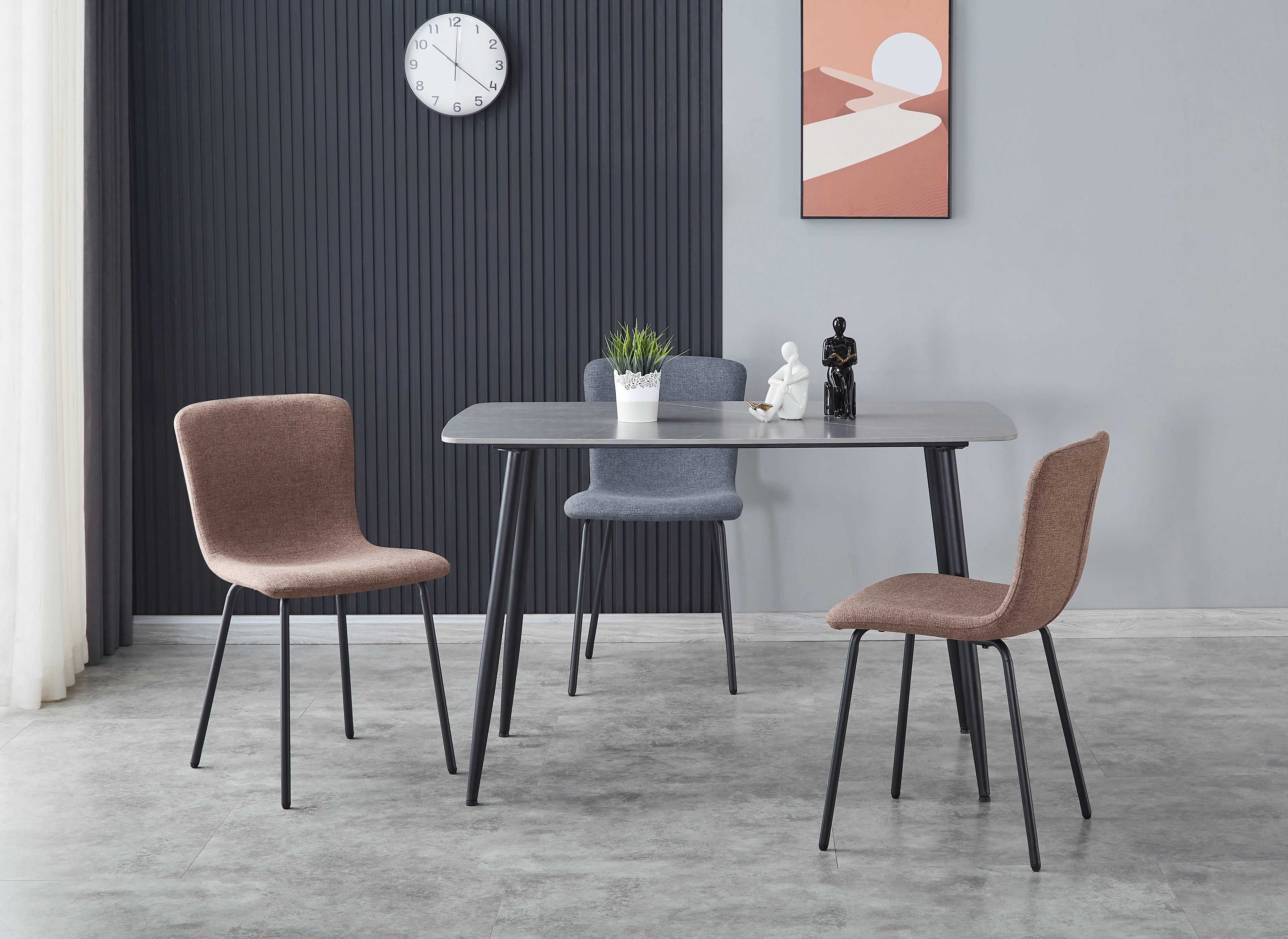 T-107 Sintered Stone Rectangular Dining Table in Residential Dining Setting — Armani Grey Top, Matte Black Splayed Legs — GEYA Seating
