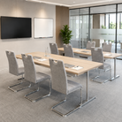 linen-look cantilever meeting chairs arranged in continuous rows across dual conference tables in corporate meeting room — DC-3028